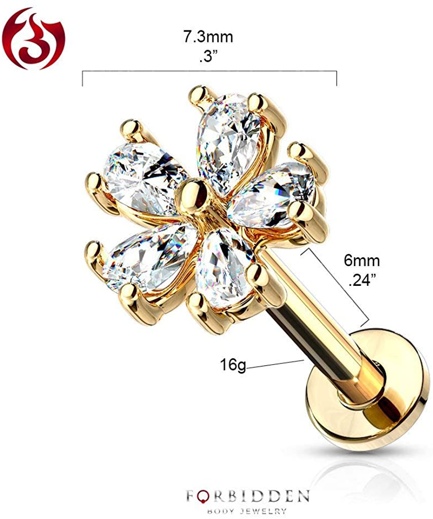 Forbidden Body Jewelry 16g 6-8mm Internally Threaded Surgical Steel Cartilage/Tragus/Labret/Monroe Piercing Stud w/CZ Floral Top