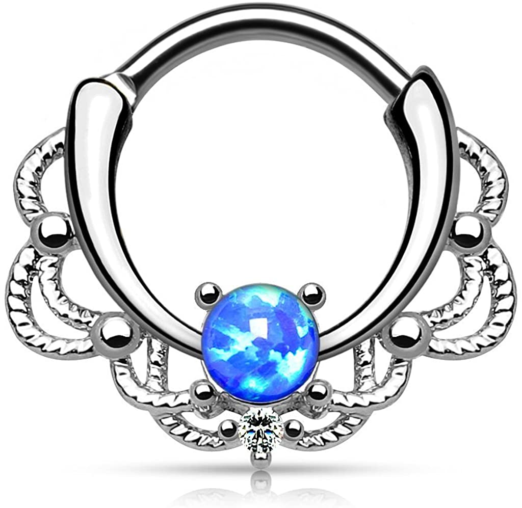 Forbidden Body Jewelry 16g Synthetic Opal Surgical Steel Filigree Lacey Detail Septum Hoop Clicker Ring