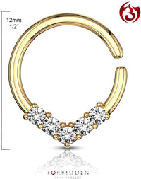 Forbidden Body Jewelry 16g 8mm CZ Lined V Shaped Bendable Plated Brass Cartilage & Septum Hoop