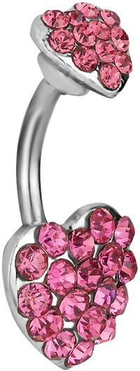 Forbidden Body Jewelry Surgical Steel Pink Pave Jeweled Double Heart Belly Button Ring