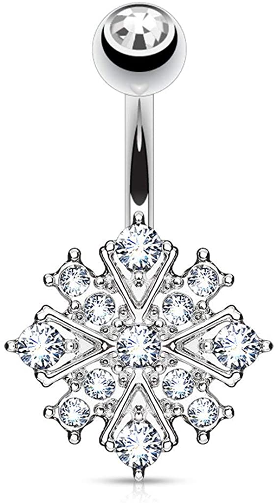 Forbidden Body Jewelry Surgical Steel Crystalline Paved Snowflake Belly Button Ring