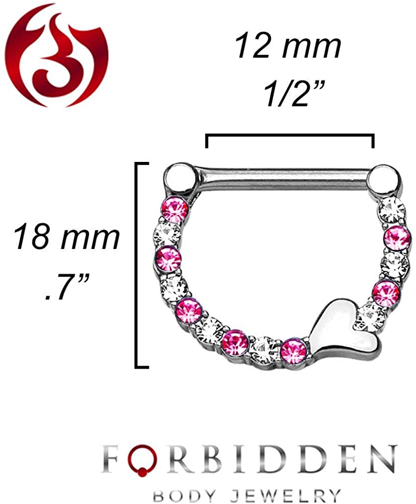 Forbidden Body Jewelry Pair of Surgical Steel 1/2 Inch CZ Crystal Lined Sweetheart Nipple Ring Clikers