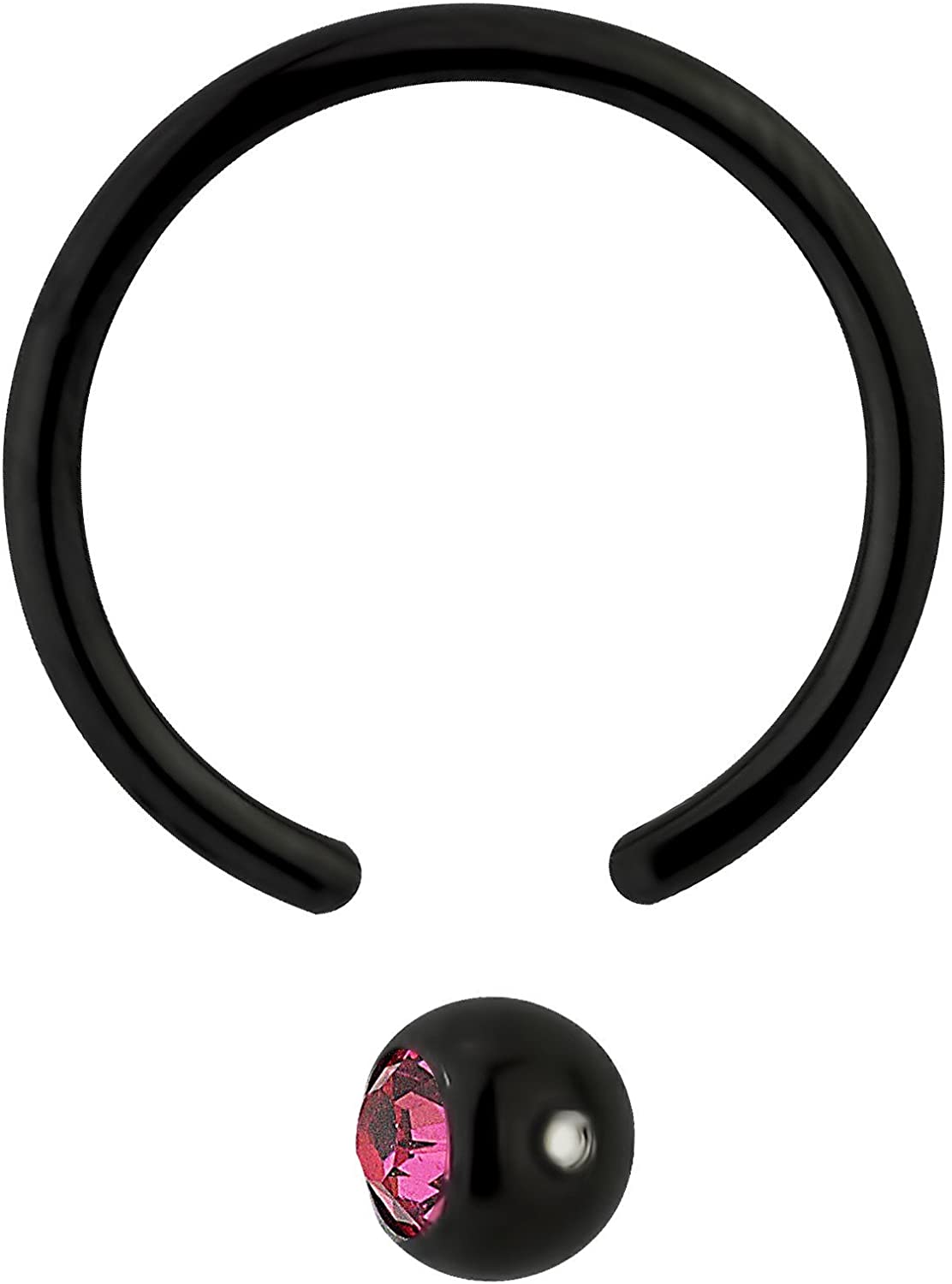 Forbidden Body Jewelry 14g 1/2 Inch Surgical Steel Black IP Plated with Pink Crystal Captive Bead CBR Hoop Ring