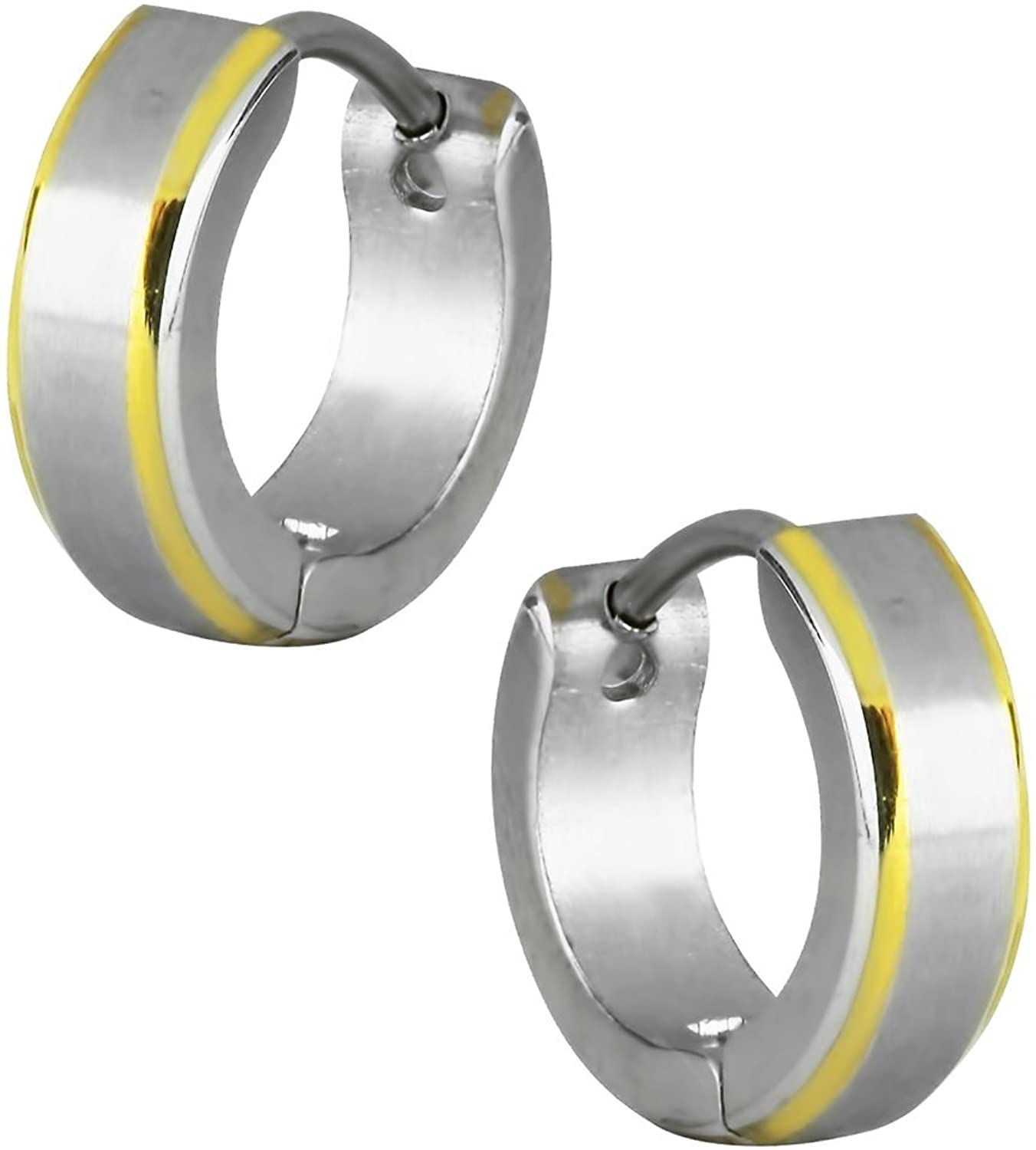 Gold Plated Stainless Steel Two Tone Brushed Center Beveled Edge Huggie Hoop Earrings for Men