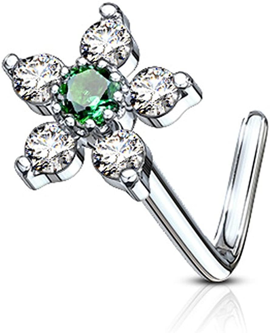 Forbidden Body Jewelry 20g Surgical Steel L Shaped Nose Ring with Large Two-Tone 6-CZ Crystal Flower Top