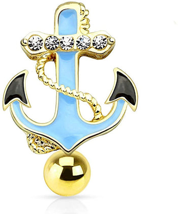 Forbidden Body Jewelry Pave CZ Surgical Steel Reverse Hinged Top Down Glossy Anchor Belly Ring