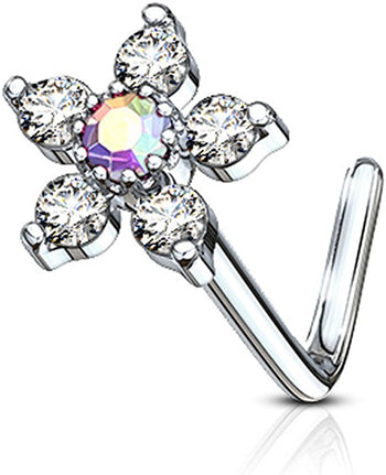 Forbidden Body Jewelry 20g Surgical Steel L Shaped Nose Ring with Large Two-Tone 6-CZ Crystal Flower Top