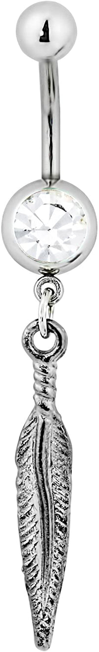 Forbidden Body Jewelry Surgical Steel Clear CZ Silver Feather Dangle Belly Button Ring