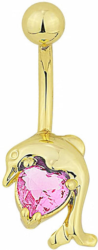 Forbidden Body Jewelry 14kt Gold Plated Pink Simulated Diamond Solitaire CZ Dolphin Heart Belly Button Ring