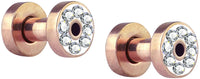 Forbidden Body Jewelry 10G-1" Rose Gold IP Plated Surgical Steel Crystal Rimmed Screw Fit Tunnel Plugs