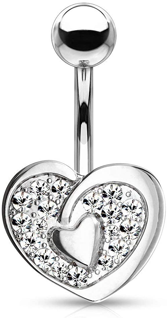 Forbidden Body Jewelry Surgical Steel Fancy Pave CZ Double Heart Belly Button Ring