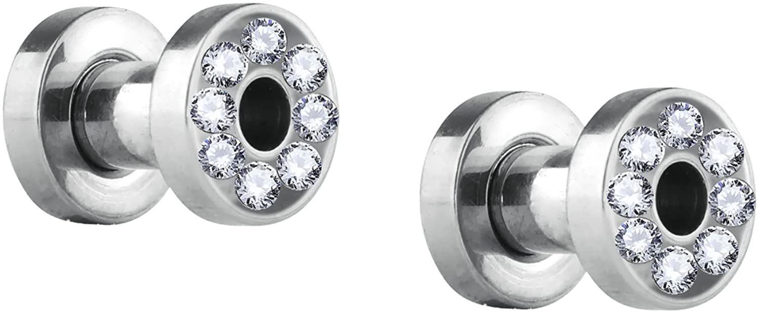 Forbidden Body Jewelry 2pcs 8GA-7/8 Surgical Steel Crystal Rimmed Screw Fit Tunnel Plugs