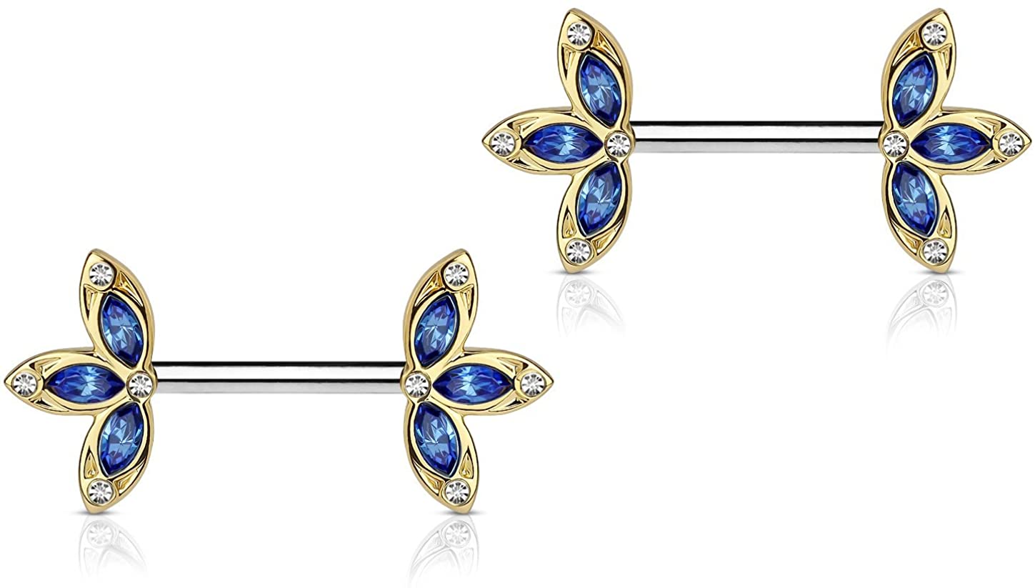 Forbidden Body Jewelry 14G Surgical Steel & Gold IP Plated 15mm CZ Gem-Set Flower Petal Nipple Piercing Barbell Set