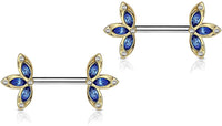 Forbidden Body Jewelry 14G Surgical Steel & Gold IP Plated 15mm CZ Gem-Set Flower Petal Nipple Piercing Barbell Set