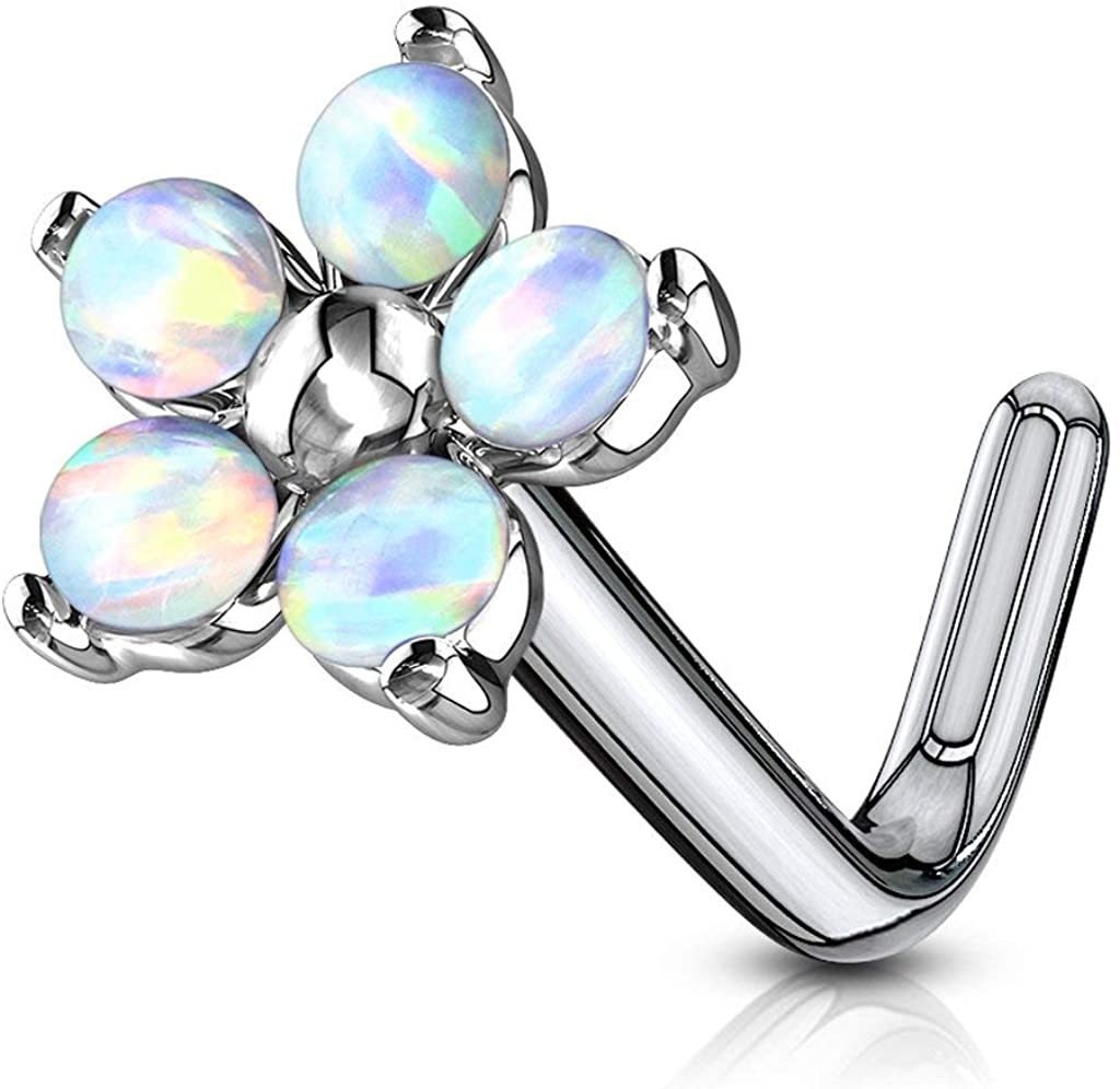 Forbidden Body Jewelry 20g Surgical Steel Synthetic Opalite Stone Flower L-Shape Nose Ring