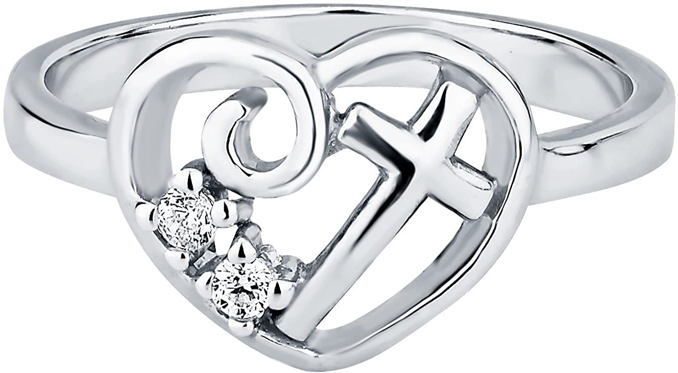 Kinzie Fashion Christian Promise Ring for Her: Sterling Silver CZ Simulated Diamond Heart & Cross Ring