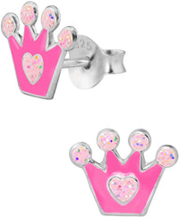 Hypoallergenic Sterling Silver Pink Glitter Princess Crown Stud Earrings for Kids (Nickel Free)