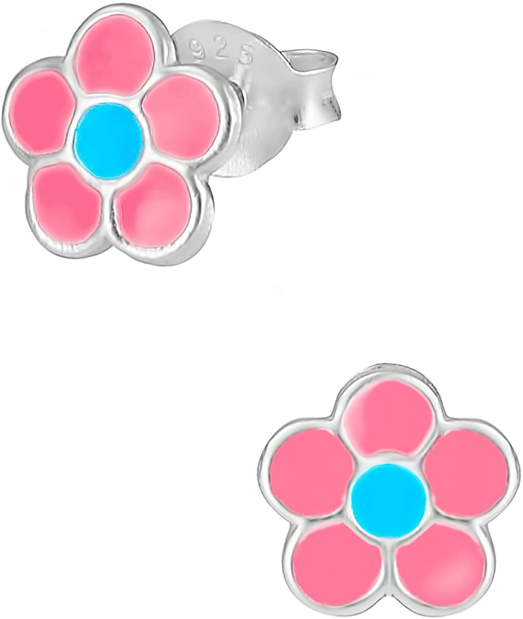 Hypoallergenic Sterling Silver Blue & Pink Daisy Flower Stud Earrings for Kids (Nickel Free)