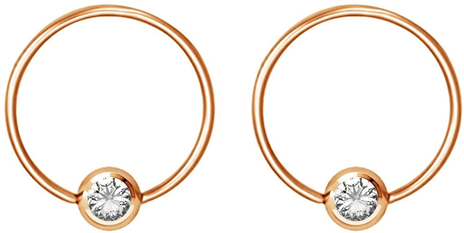 Pair 14g-20g Gold & Rose Gold Tone Surgical Steel CZ Gemmed Captive Bead Body Piercing Hoops (2pcs)