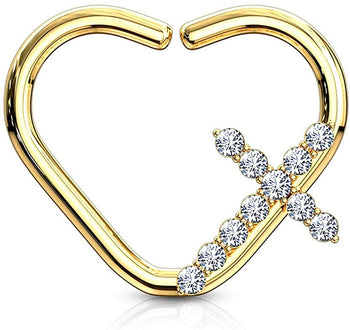 Forbidden Body Jewelry 16g Platinum & Gold Plated Heart w/CZ Cross Daith & Cartilage Hoop Earring