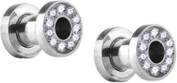 Forbidden Body Jewelry 2pcs 8GA-7/8 Surgical Steel Crystal Rimmed Screw Fit Tunnel Plugs