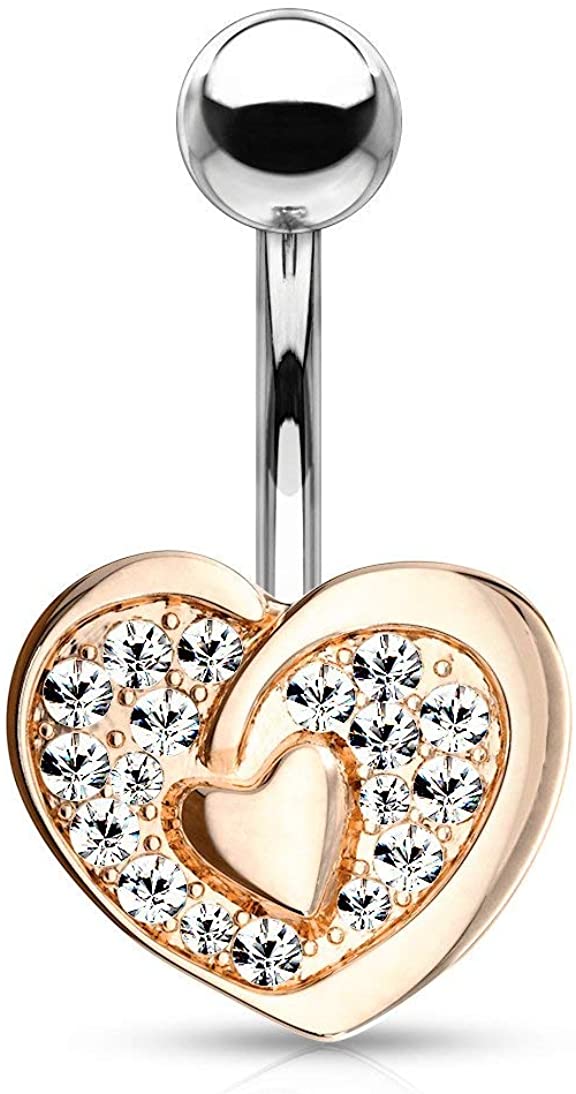 Forbidden Body Jewelry Surgical Steel Fancy Pave CZ Double Heart Belly Button Ring