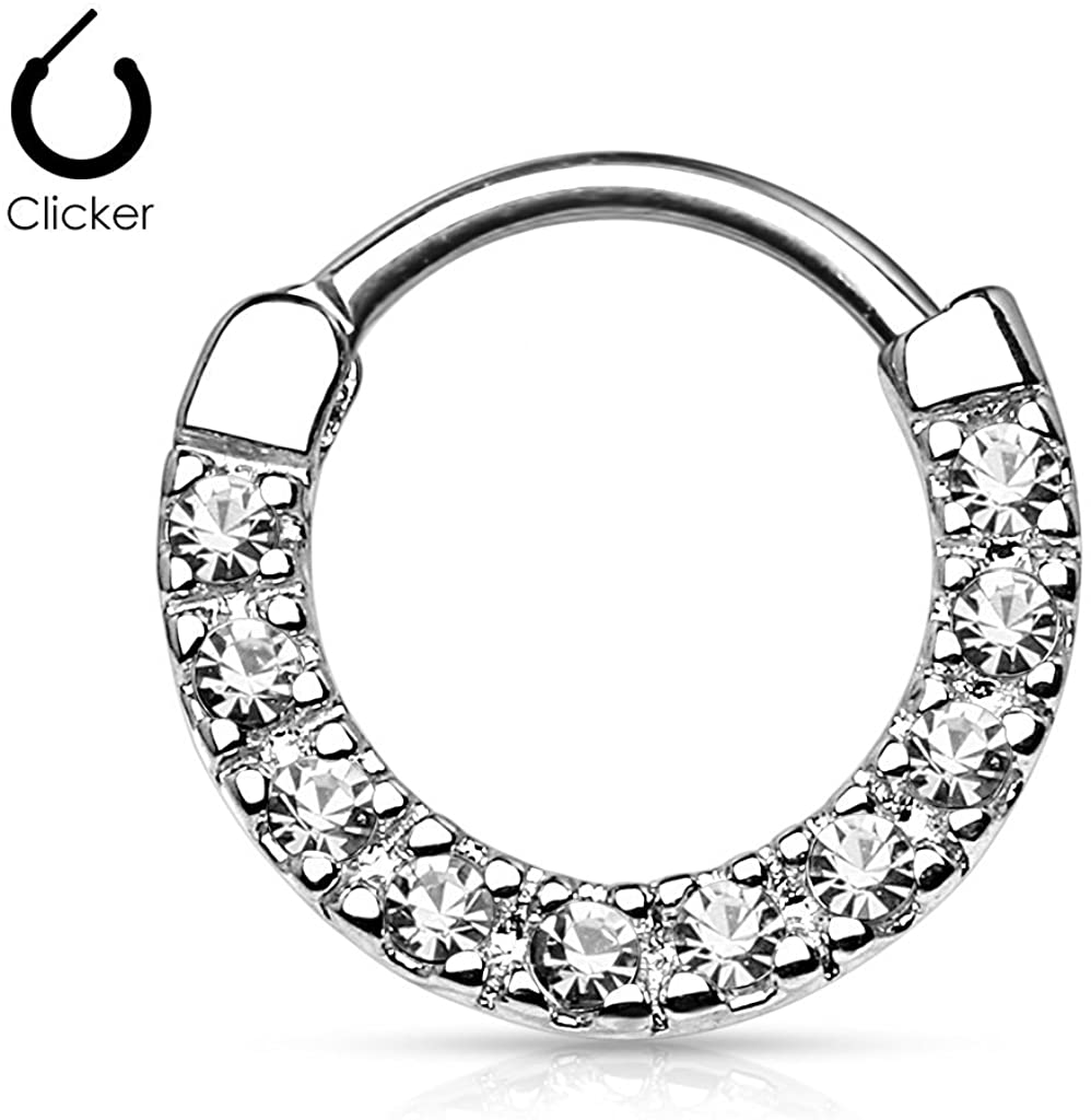 Forbidden Body Jewelry 16g 10mm Rounded Top Pave CZ Crystal Tiny Clicker Hoop for Septum and Cartilage Piercings