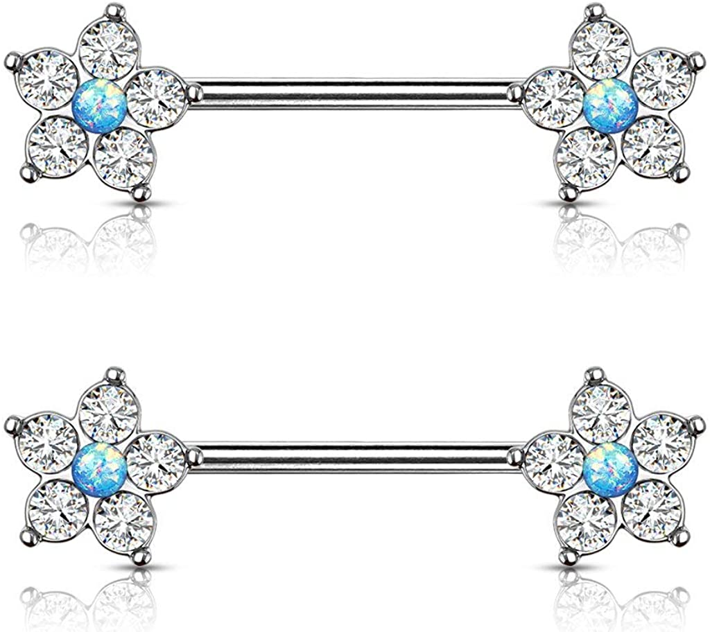 Forbidden Body Jewelry Pair of Surgical Steel 9/16 Inch (14mm) CZ Flower with Faux Centered Opal Nipple Barbells