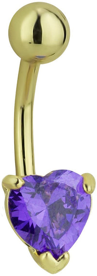 Forbidden Body Jewelry 14kt Gold Plated CZ Crystal Heart Belly Button Ring - Purple