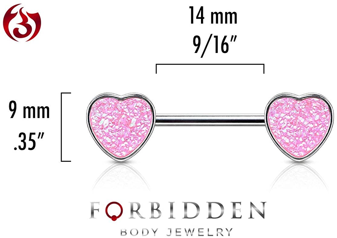 Forbidden Body Jewelry Pair of Surgical Steel 9/16 Inch (14mm) Synthetic Druzy Stone Glitter Effect Heart Nipple Barbells