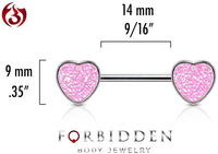 Forbidden Body Jewelry Pair of Surgical Steel 9/16 Inch (14mm) Synthetic Druzy Stone Glitter Effect Heart Nipple Barbells