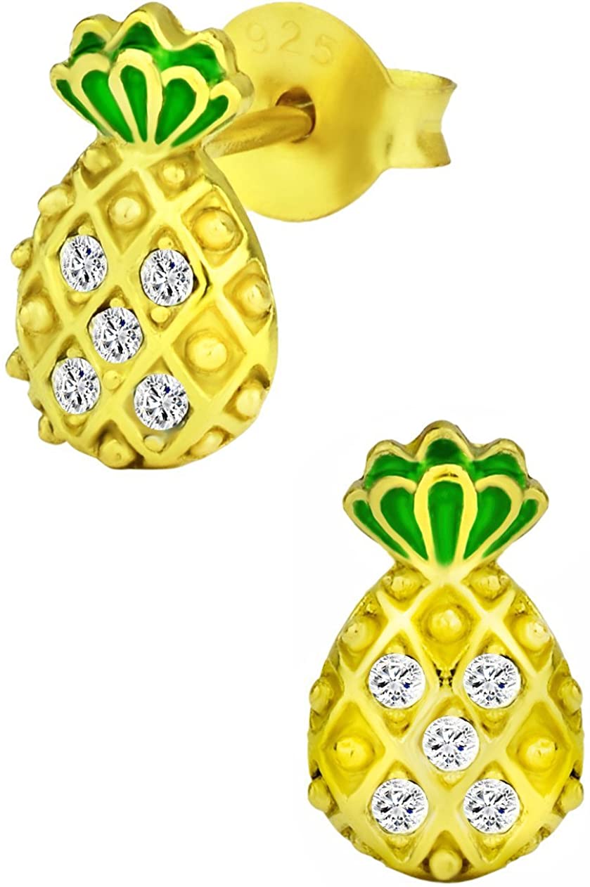 Hypoallergenic Sterling Silver Pave CZ Crystal Pineapple Stud Earrings for Kids (Nickel Free)