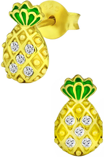 Hypoallergenic Sterling Silver Pave CZ Crystal Pineapple Stud Earrings for Kids (Nickel Free)