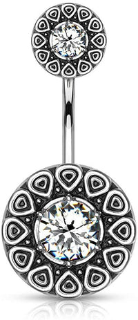 Forbidden Body Jewelry Surgical Steel Tribal Pattern Belly Button Ring with CZ Center and Matching Top