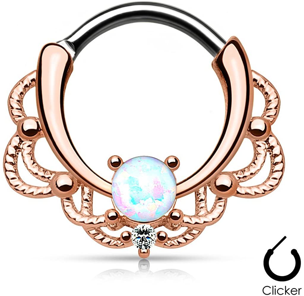 Forbidden Body Jewelry 16g Synthetic Opal Rose Gold Plated Filigree Detail Septum Hoop Clicker Ring