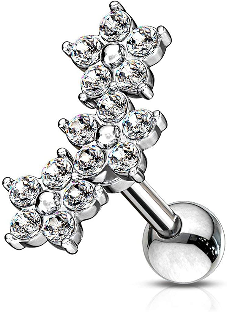 Forbidden Body Jewelry 16g 6mm Surgical Steel Stud for Cartilage, Tragus, More w/Triple Crystal Floral Cluster