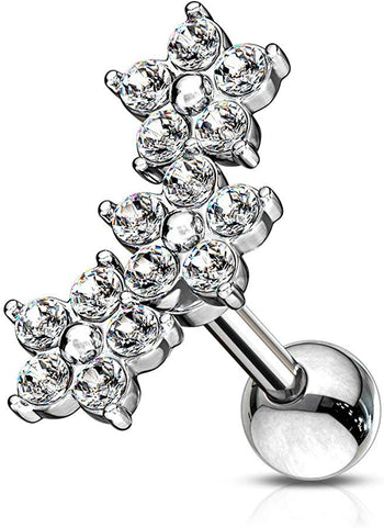 Forbidden Body Jewelry 16g 6mm Surgical Steel Stud for Cartilage, Tragus, More w/Triple Crystal Floral Cluster