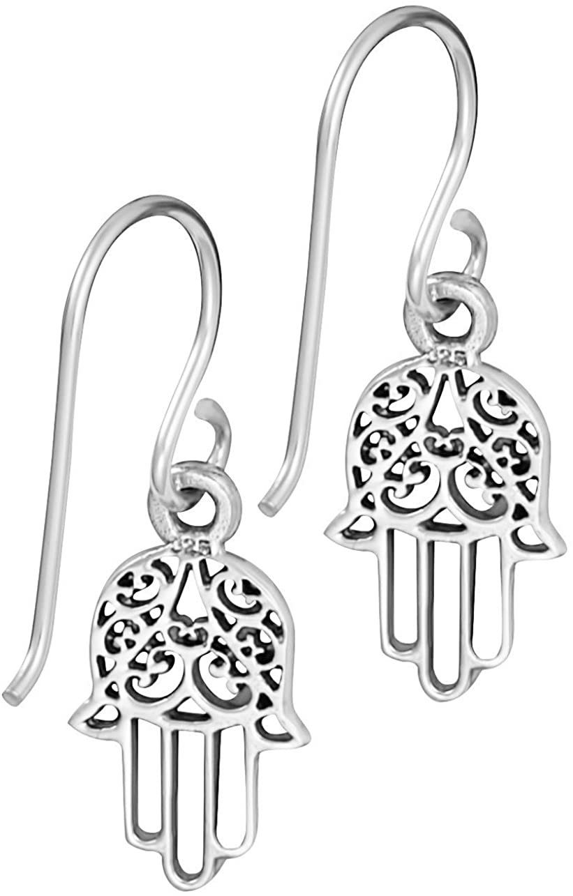 .925 Sterling Silver Hamsa Hand Dangle Earrings