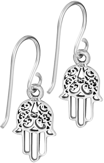 .925 Sterling Silver Hamsa Hand Dangle Earrings