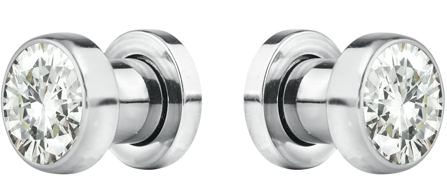 Forbidden Body Jewelry 8G-7/8 Surgical Steel Screw Fit CZ Center Tunnel Plug Earrings (Sold as Pair)