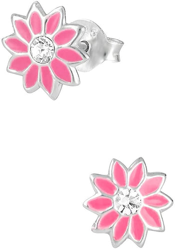 Hypoallergenic Sterling Silver Pink Jeweled Sun Flower Stud Earrings for Kids (Nickel Free)