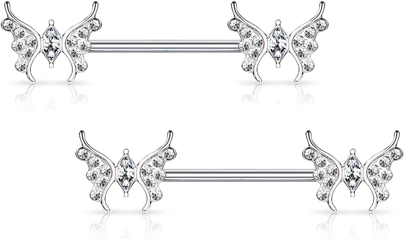 Forbidden Body Jewelry Pair of Surgical Steel 9/16 Inch (14mm) Sexy Whimsical CZ Studded Butterfly Nipple Rings