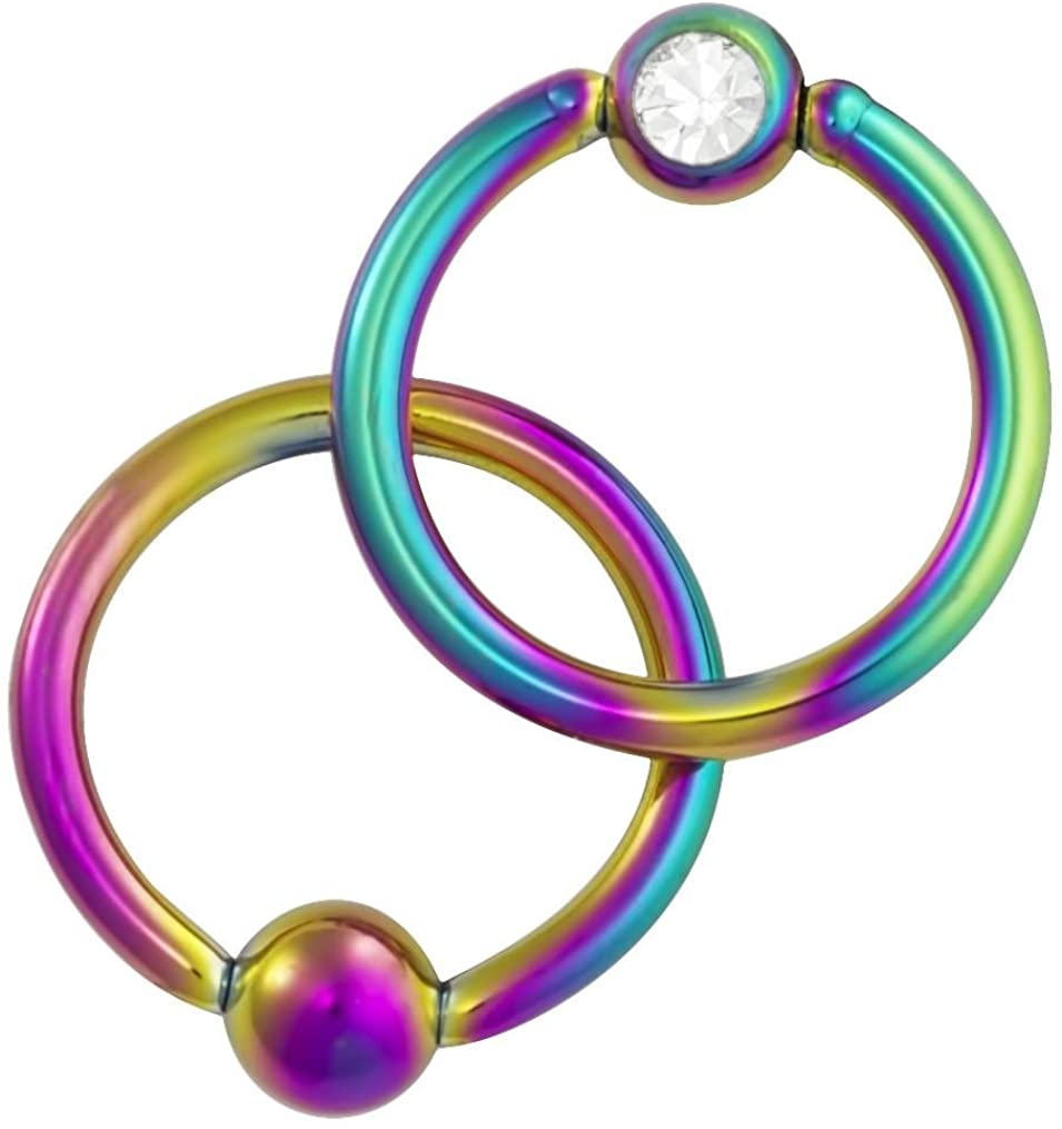 Forbidden Body Jewelry 16g 5/16 Inch Surgical Steel Rainbow IP Plated Jeweled Captive Bead CBR Hoop Ring