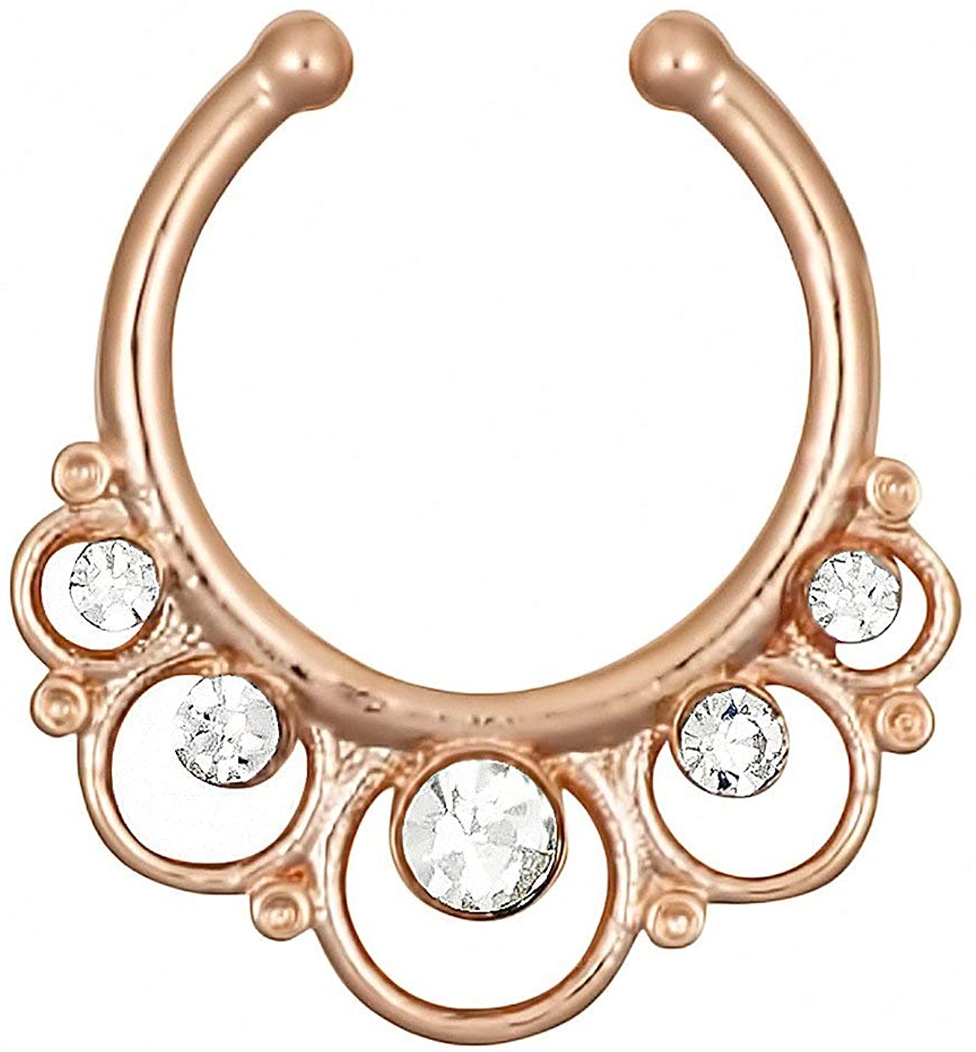 Non-Piercing Septum Jewelry: Fancy Rose Gold IP Plated CZ Crystal Clip On Septum Hanger