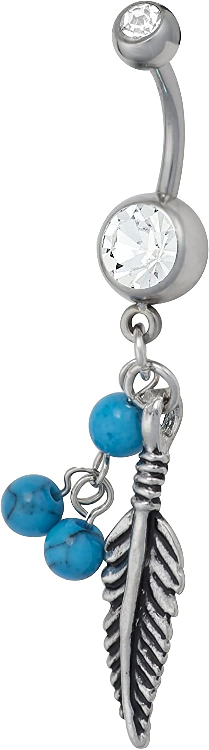 Forbidden Body Jewelry Surgical Steel Clear CZ Jeweled Feather with Simulated Turquoise Stone Beads Dangle Belly Ring