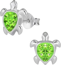 Hypoallergenic Sterling Silver Green CZ Crystal Sea Turtle Stud Earrings for Kids (Nickel Free)