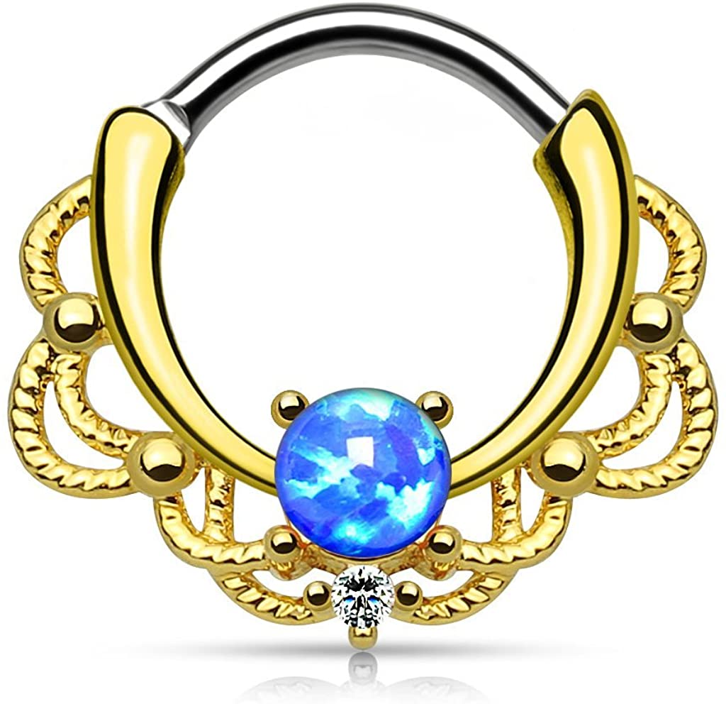 Forbidden Body Jewelry 16g Synthetic Opal Surgical Steel Filigree Lacey Detail Septum Hoop Clicker Ring