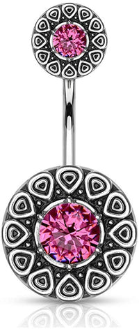 Forbidden Body Jewelry Surgical Steel Tribal Pattern Belly Button Ring with CZ Center and Matching Top