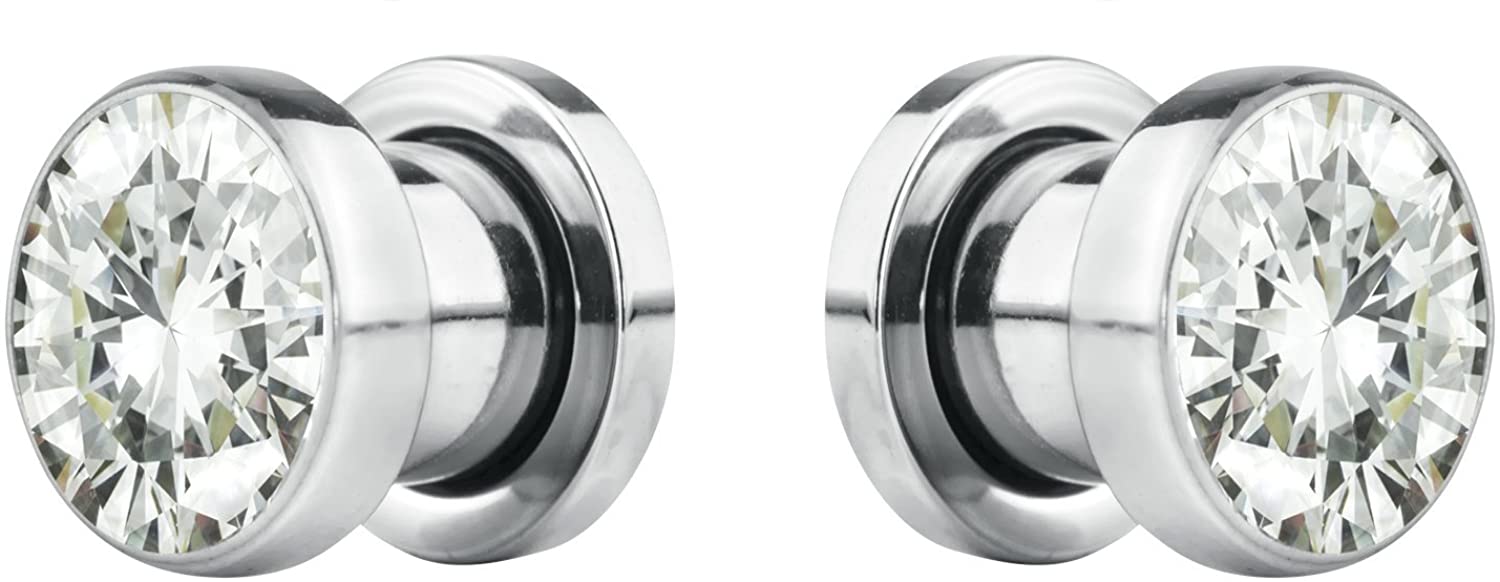 Forbidden Body Jewelry 8G-7/8 Surgical Steel Screw Fit CZ Center Tunnel Plug Earrings (Sold as Pair)