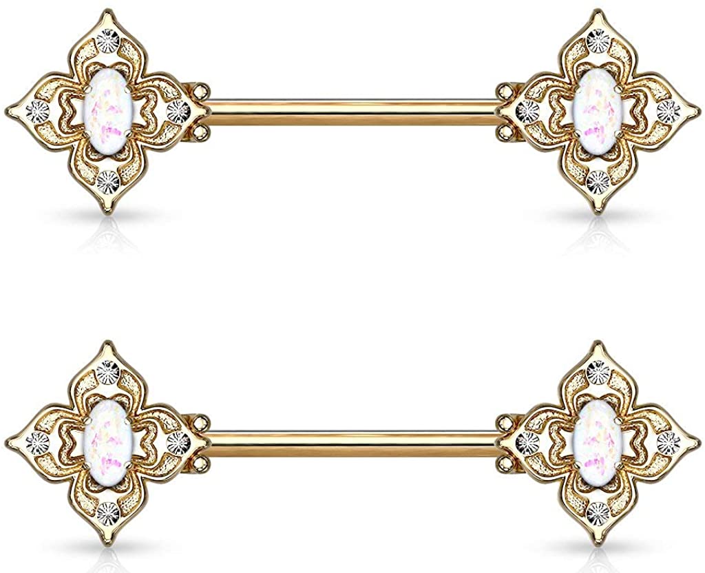 Forbidden Body Jewelry Pair of Surgical Steel 9/16 Inch (14mm) Posh Floral Synthetic Opal Center Nipple Barbells